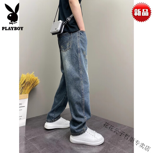 Playboy (Playboy) American Retro Waschanschluss Jeans Frühling und Herbst Trendy Brand Pixie Street-gebratenes Straßen-Gelegenheitsbetriebs-Weitbein-Long-Hosen High-End-Brand-D753-Blau-High-End-Marke M 100-110jin [Jin Equals 0,5 kg] -High-End-Marke.