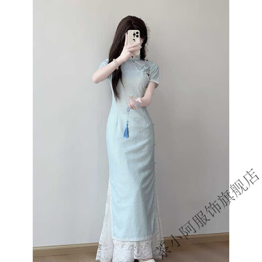 Chaxiao'a temperament cheongsam 2025 new blue slim-fitting national style dress women's new Chinese style improved daily dress Yuebai Fengqing cheongsam S recommended 85-95Jin Jin equals 0.5 kg