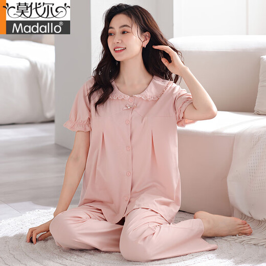 莫代尔2025新款睡衣女夏季带胸垫一体防走光纯棉短袖长裤薄款家居服套装 LSF-694米白 2XL 175建议体重140-155斤