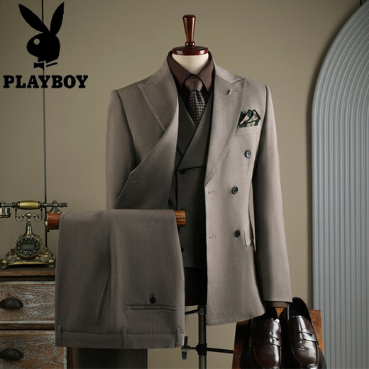 Playboy 2025 winter new suit suit men's high-end business formal striped suit three-piece groom's wedding dress elegant black three-piece suit 2XL 54