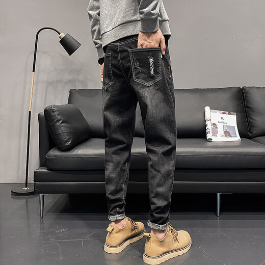 Aexmere Herren zerrissen Jeans Summer Trendy Brand Slim Feet 2025 New Summer 6636 Black. 29