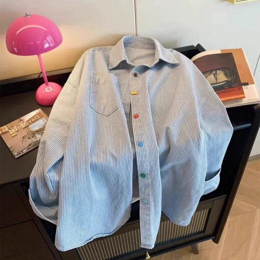 Semir Blue Striped Long Sleeve Shirt Women's Spring Top 2025 New Loose Design Retro Contrast Color Jacket Shirt Blue S Recommended 75-95Jin Jin equals 0.5kg