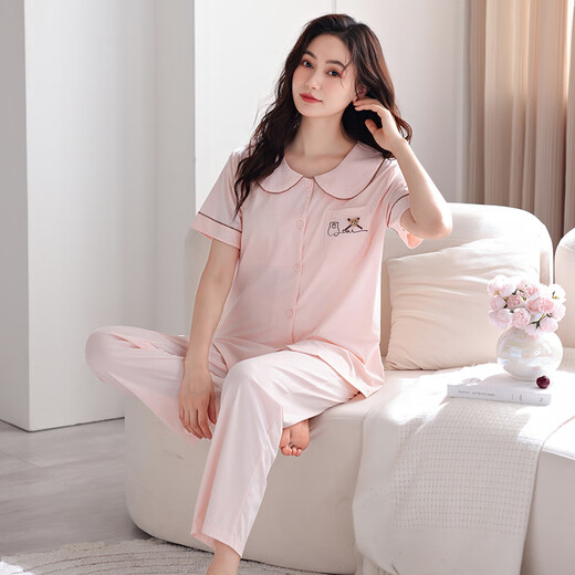 Muji com imprimir pantalones largos de manga corta de Muji con pijama de almohadilla para la almohadilla para mujeres en verano en verano, algodón puro se puede usar en el exterior en verano, ropa delgada de la casa Z693 verde tierno (con almohadilla del pecho) L Recomendado 100-120 Jin [Jin iguala 0.5 kg]