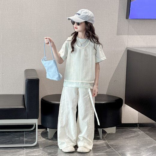 MOKITOUL女童夏季套装2025新款儿童夏季薄款镂空短袖T恤大童阔腿裤三件套 浅黄色t+马甲（高端礼盒包装） 50 cm3 1