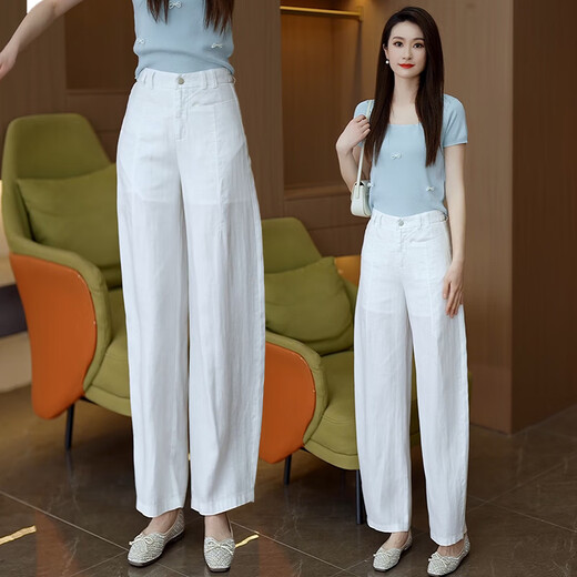 Daiziru linen wide-leg pants for women 2025 summer new thin Tennis cropped pants small purple casual straight pants purple XL (29) Recommended 115-125Jin [Jin equals 0.5 kg]