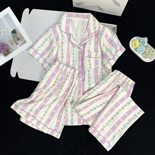 FENTENG (FENTENG) three-piece pajamas for women in summer 2025 new internet celebrity style spring and autumn cloud cotton short-sleeved short-sleeved long trousers home clothes 9922# cloud cotton three-piece set M 70-95Jin [Jin equals 0.5 kg]