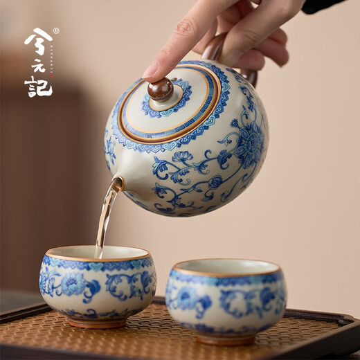 Xiyuanji Chinese cultural and creative Ru kiln tea set gift box high-end souvenir gift for father and elder customers birthday gift Fanhua Ru kiln Daxishi 1 pot 2 cups-Lanyun gift box