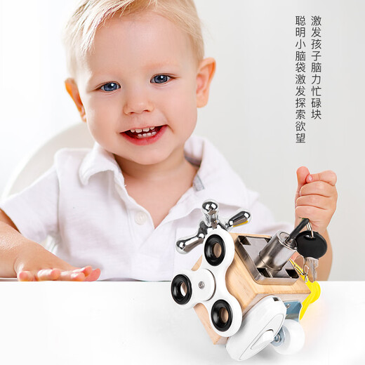 Chengliu 2-3 Jahre alter Montessori Early Education Key Entsperren Holzspielzeug geschäftiger Quadratmontessori Puzzle Entwicklung Multifunktional geschäftiger Block + Zodiac-Kalenderuhr