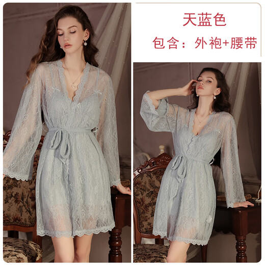 瑰若甜美顺滑缎面内衣纯欲蕾丝性感加胸垫睡裙外袍家居服套装4867 黑色(睡裙) XL