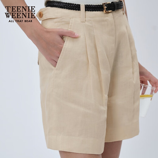 Teenie Weenie【亚麻】小熊女装2025夏季新款薄款休闲裤短裤阔腿裤 浅卡其色 L