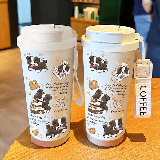SUPOR taza termo para mujeres con buena apariencia 2025 nuevo cachorro feliz taza de café especial para estudiantes de acero inoxidable portátil DX1047 gato de tinta de arco + con cordón de acero inoxidable 316