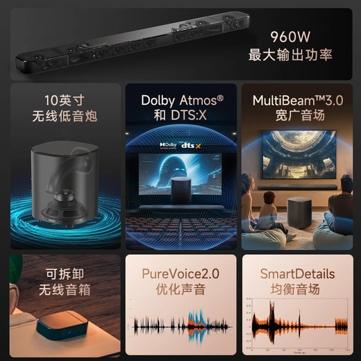 JBL 【新品升级】BAR 1000MK2回音壁电视音响 7.1.4杜比全景声家庭影院Soundbar 蓝牙低音炮家用音箱