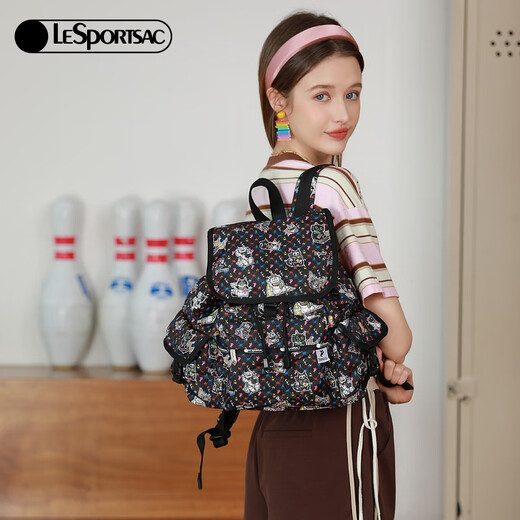 乐播诗（LeSportsac）超轻户外旅行背包 黑色大容量书包女双肩包 怪异猫