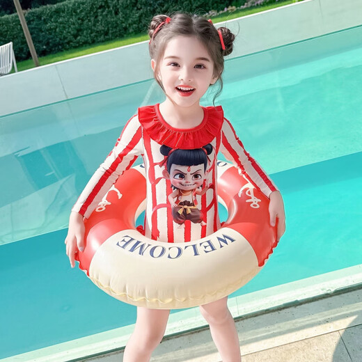 Bamaitu Nezha swimsuit 2025 new children's Nezha one-piece swimsuit for baby girls summer long-sleeved sun protection quick-drying swimming red Nezha 90