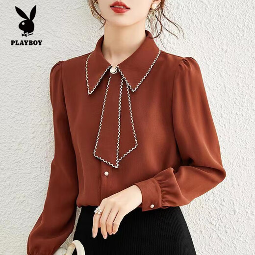 Playboy (PLAYBOY) Fashion Commuting Ribbon Shirt Women 2025 Spring and Autumn New Temperament Niche Versatile Professional Long Sleeve Bottoming Shirt Women Blue L