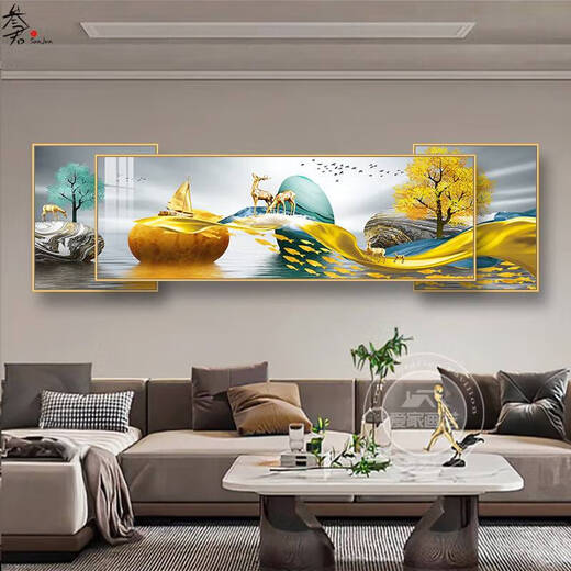 咏幻客厅墙壁画挂画沙发背景墙装饰画感客厅大白墙客厅叠加画 K829/金鹿+财 叠加总长50*160cm/晶瓷画/金铝