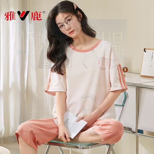 雅鹿睡衣女士2025夏季纯棉薄款可爱短袖七分裤套装学生家居服 浅绿色 短袖七分裤-679 M 女【80-100斤】