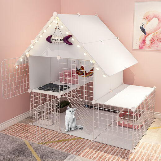 Cat Cage Home Indoor Cat Villa with Toilet Clearance Large Extra Large Free Space Small Cat Nest Cattery Three-story Small Bungalow + Elegant White - Multi-layer Platform Exclusive Model Hardcover Model + Cat Litter Box + Dual-Purpose Cat Bowl
