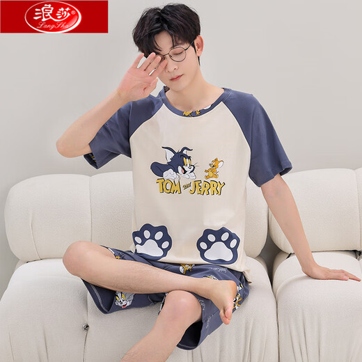 Langsha College estudiante de pijamas hombres algodón de algodón puro adolescente de verano pantalones cortos de manga corta caricatura delgada de ropa para casas de gran tamaño.