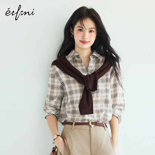 
Eifli (eifini) Eifli gradient plaid texture basic loose silhouette shirt for women 2025 autumn new small top light brown M 105-115Jin [Jin equals 0.5 kg]