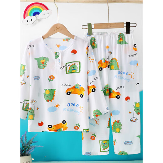 Ultraman boys pajamas in spring and autumn long sleeve cotton silk thin children's little boy air conditioning clothes big children's home clothes 2025 new model hot sale double-long dinosaur truck 140 140cm
