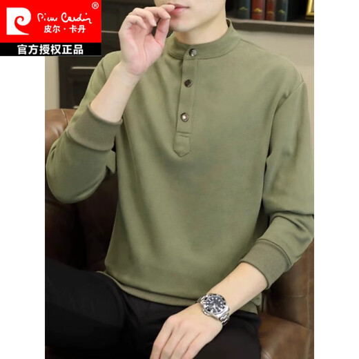 Pierre Cardin stand collar sweatshirt men's spring and autumn trendy Henry collar Polo shirt trendy brand casual men's pullover long-sleeved bottoming shirt WY2288 black style regular XL