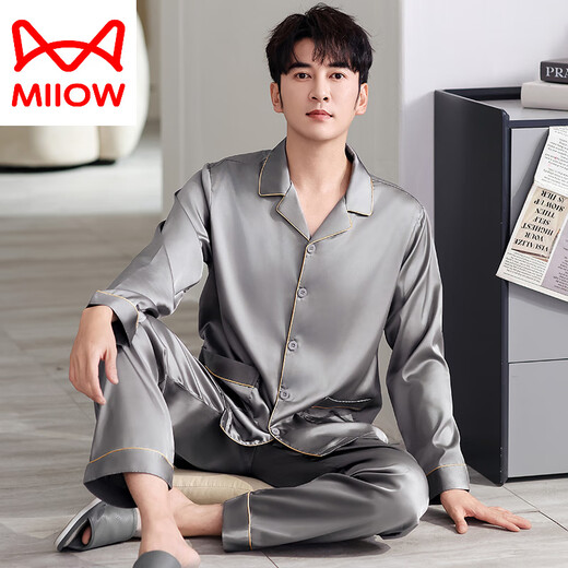 
Catman (MiiOW) Men's Pajamas Summer Ice Silk 2025 New Spring and Autumn Style Thin Long Sleeve Imitation Silk Summer Home Clothing Set 1098# L [Suggested 100-135Jin [Jin equals 0.5 kg]]