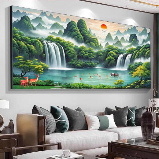 三栖虎迎客松农村中堂山水挂画客厅装饰风景沙发背景墙壁画字画2024新款 CT-3882-迎客松 280*110cm大尺寸工厂典雅金