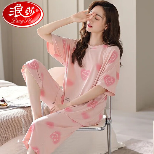 浪莎睡衣女夏季短袖七分裤套装宽松春夏天可外穿家居服 短袖七分裤679 M  建议80-95斤穿