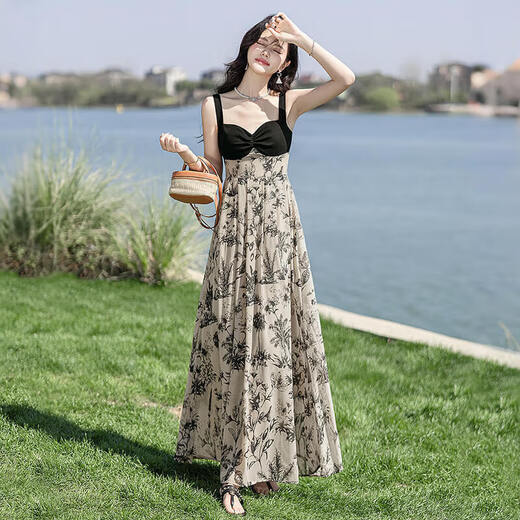 Seide Cypress House Tinte Blumenrock 2025 Sommer Neue Frauen gespleißte gefälschte zweiteilige Schlinge Long Sling Kleid