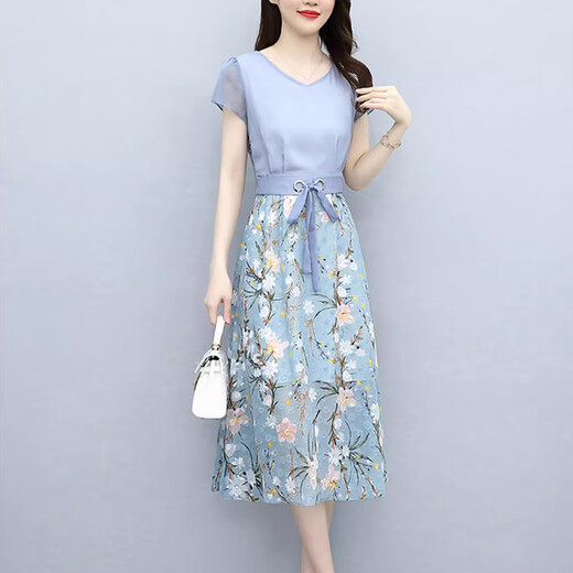 
XAE luxury high-end brand short-sleeved dress for women 2025 summer new style small and fashionable slim chiffon floral skirt pink L