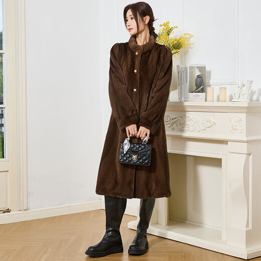 
Winter home brand fur 2025 new imported mink coat for women, whole mink over knee long mink fur coat stand collar, brown L 120Jin [Jin equals 0.5 kg] below