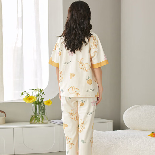 睡衣带胸垫夏季女款圆领短袖长裤家居服套装两件套 女士黄色套装 1343-20 L 女（建议105-120斤）
