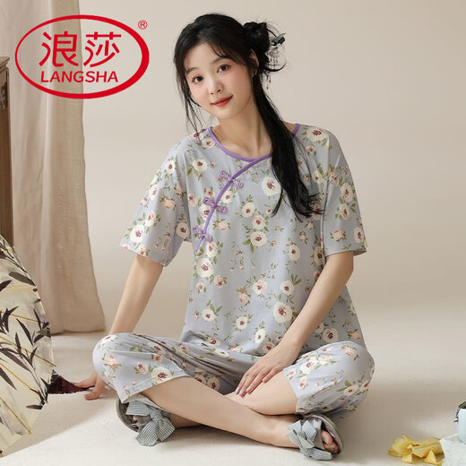 浪莎（LangSha）夏季短袖睡衣套装女士薄款夏天新中式国风七分裤可外穿家居服 YZT-9901(短袖+七分裤) L 女【100-120斤】