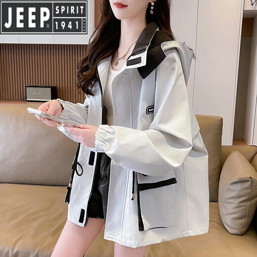 JEEP SPIRIT windbreaker jacket for women spring and autumn 2024 new Korean version loose waist slimming assault top outdoor hiking and mountaineering clothing beige S 85-105Jin Jin is equal to 0.5 kg