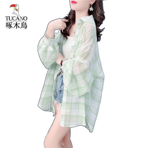 啄木鸟冰丝防晒衣女夏季新款透气轻薄衬衫宽松格子外套 蓝色 S
