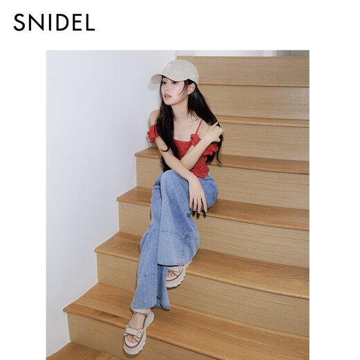 SNIDEL2025春夏时尚百搭高腰压褶纯色直筒阔腿裤SWFP252134 蓝色 S (0)