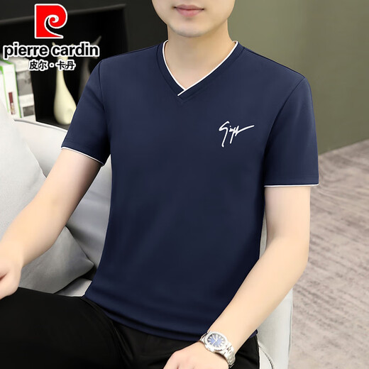 Pierre Cardin Sommer Herren reines Baumwoll kurzärmel halb Ärmeln Hühnchen Herzkragen Mode vielseitig trendy oberem atmungsaktivem dünnem geprägter T-Shirt Ypd7029 Weiß M.