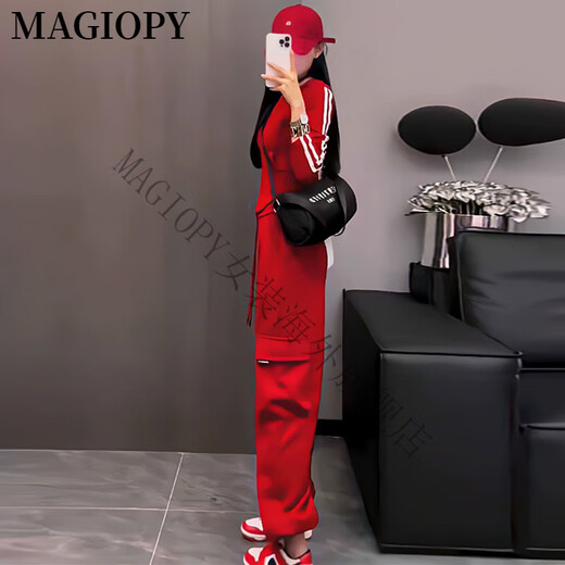 
MAGIOPY International Luxury High-end Brand Autumn European Station Casual Sports Set Women's Fashionable Street Fried Red Jacket Top Black Two-Piece Set S (100Jin [Jin equals 0.5 kg])
