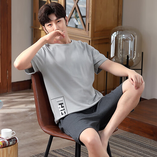 Zhulu summer pajamas men's round neck pullover pure cotton short-sleeved suit loose casual Korean style printed thin men's home clothing G867 L