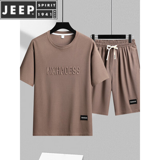 JEEP SPIRIT重磅华夫格短袖T恤男夏季宽松大码运动短裤套装工作服圆领透气潮 TZ829绿色 M