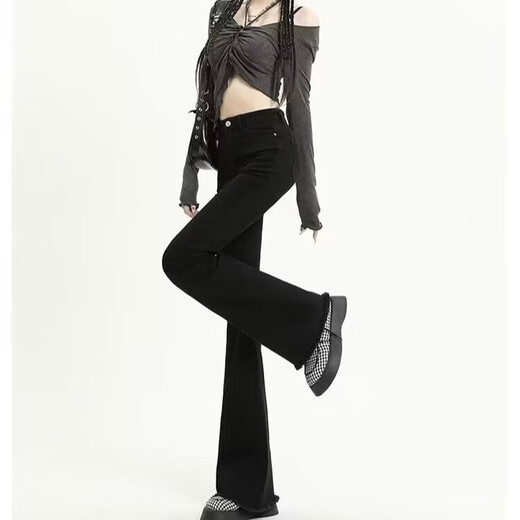 Lat edged micro-flare jeans for women in spring and autumn new high-waisted slim fit elastic large size drooping floor pants DM Yizhan A826 black M
