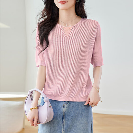 
OLJ Light Luxury Brand T-shirt for women in 2025 summer new striped knitted age-reducing loose design shoulder top gray and blue stripes M 90-105Jin [Jin equals 0.5 kg]