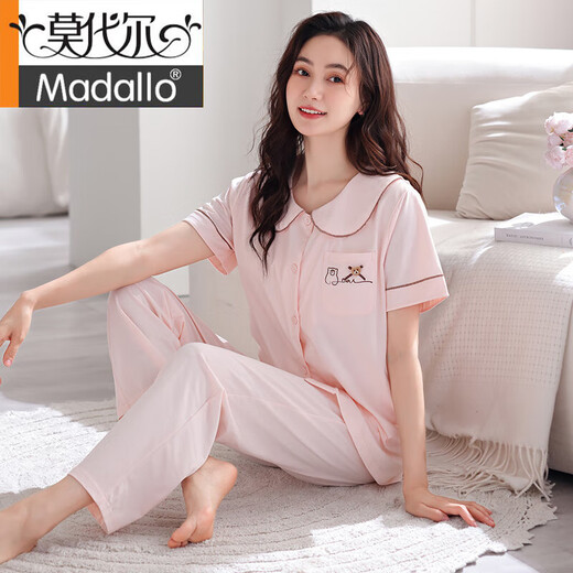 莫代尔夏季睡衣女2025新款纯棉带胸垫一体可外穿短袖薄款套装长裤家居服 694虾粉   带胸垫拉架棉开衫翻领 L (160-165)：适合100-125斤穿