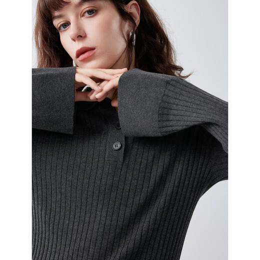 ELLE French high-end sheep wool textured sweater for women 2025 autumn new simple slim sweater dark gray S