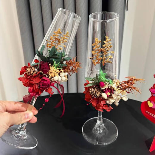 语森忆创意香槟杯装饰结婚敬酒杯一对手工diy材料包订婚结婚礼物高脚杯 B4877酒杯-粉