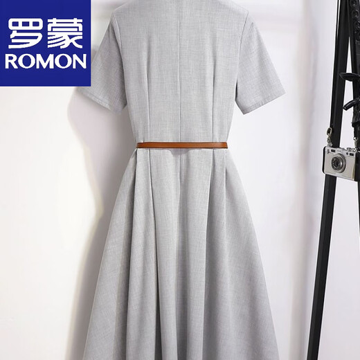 罗蒙（ROMON）通勤正式西装连衣裙夏季2025新款职业收腰气质短袖裙子 灰色 S