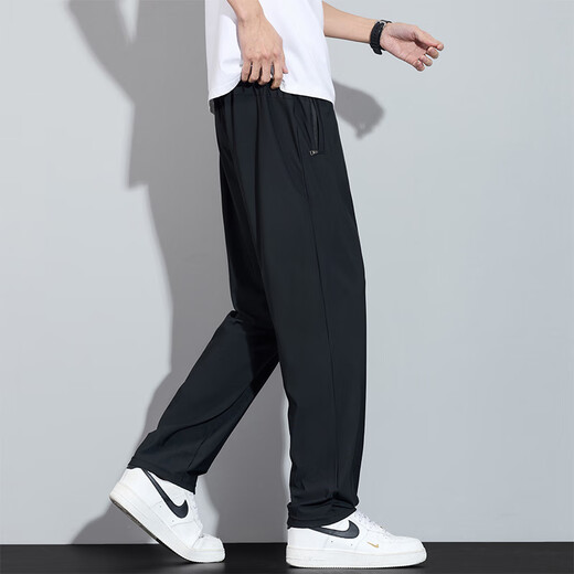 皮尔卡丹（pierre cardin）男士夏季薄款裤子冰丝运动裤男新款宽松弹力直筒长男生速干休闲裤 6629黑色 2XL [推荐140-160斤]