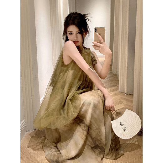 Think more about Yu Xin Chinese dress skirt women's summer 2025 new long skirt halterneck national style Xinjiang Yunnan grassland wear Firefly green smudged halterneck dress one size fits all recommended 80-130Jin Jin equals 0.5 kg