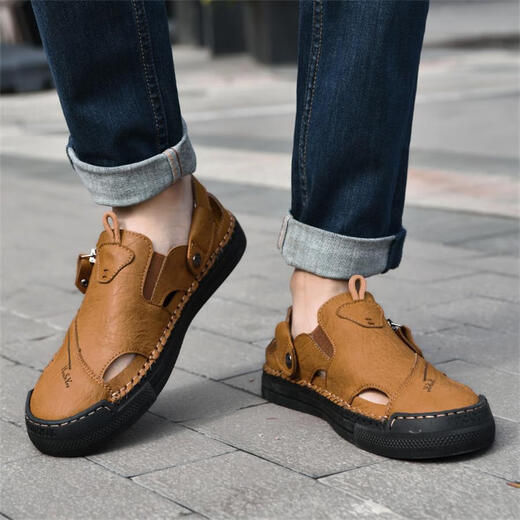 Spider King Großgröße Baotou Cave Schuhe Herren Sommer Anti-Rutsch-Anti-Odor Zwei-Wear Leder Sandalen Daddleder Ledersandalen ZT-867 Rotbraun 38